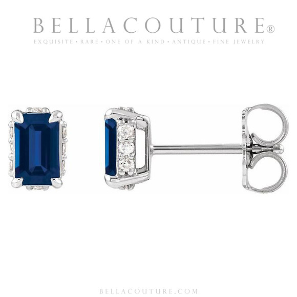 (NEW) BELLA COUTURE® ISABELLA NATURAL DIAMOND BLUE SAPPHIRE 14K WHITE GOLD POST EARRINGS (6.5MM x 4MM)