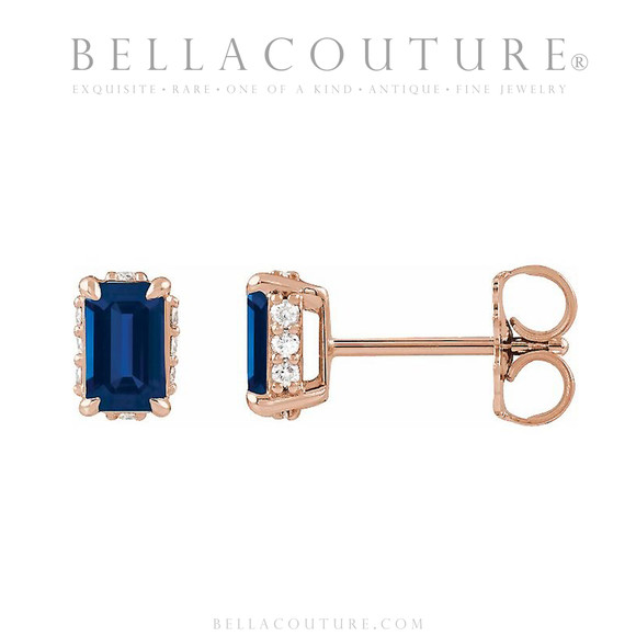 (NEW) BELLA COUTURE® ISABELLA NATURAL DIAMOND BLUE SAPPHIRE 14K ROSE GOLD POST EARRINGS (6.5MM x 4MM)