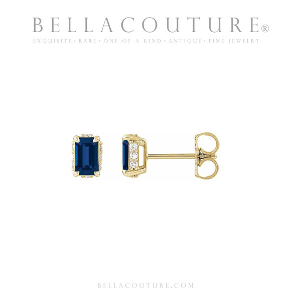 (NEW) BELLA COUTURE® ISABELLA NATURAL DIAMOND BLUE SAPPHIRE 14K YELLOW GOLD POST EARRINGS (6.5MM x 4MM)