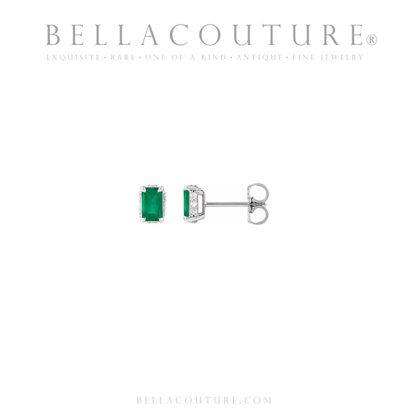 (NEW) BELLA COUTURE® ISABELLA NATURAL DIAMOND EMERALD 14K WHITE GOLD POST EARRINGS (6.5MM x 4MM)