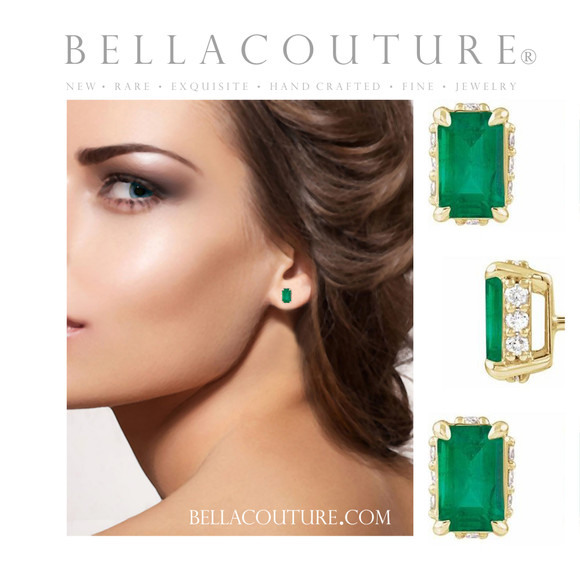 (NEW) BELLA COUTURE® ISABELLA NATURAL DIAMOND EMERALD 14K WHITE GOLD POST EARRINGS (6.5MM x 4MM)