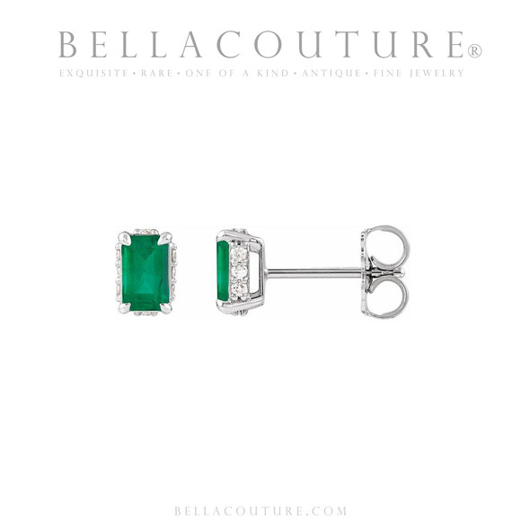 (NEW) BELLA COUTURE® ISABELLA NATURAL DIAMOND EMERALD 14K WHITE GOLD POST EARRINGS (6.5MM x 4MM)