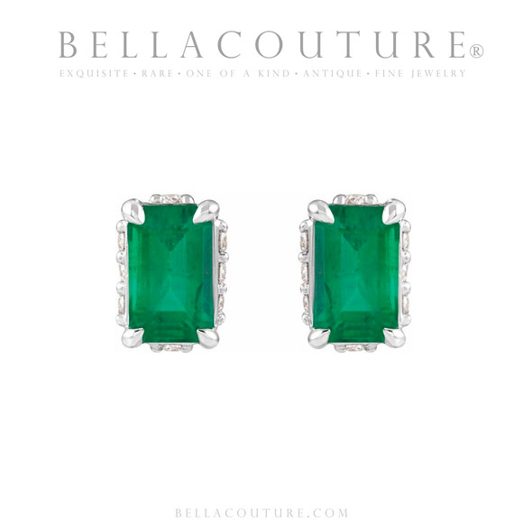 (NEW) BELLA COUTURE® ISABELLA NATURAL DIAMOND EMERALD 14K WHITE GOLD POST EARRINGS (6.5MM x 4MM)