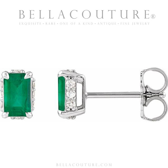 (NEW) BELLA COUTURE® ISABELLA NATURAL DIAMOND EMERALD 14K WHITE GOLD POST EARRINGS (6.5MM x 4MM)