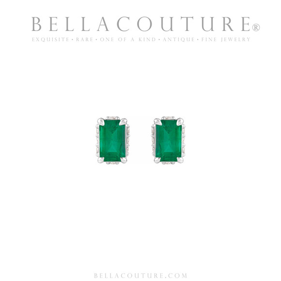 (NEW) BELLA COUTURE® ISABELLA NATURAL DIAMOND EMERALD 14K WHITE GOLD POST EARRINGS (6.5MM x 4MM)