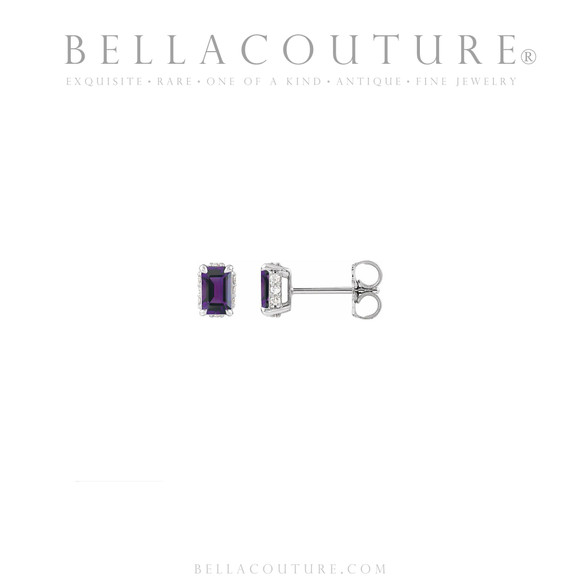 (NEW) BELLA COUTURE® ISABELLA NATURAL DIAMOND AMETHYST 14K WHITE GOLD POST EARRINGS (6.5MM x 4MM)