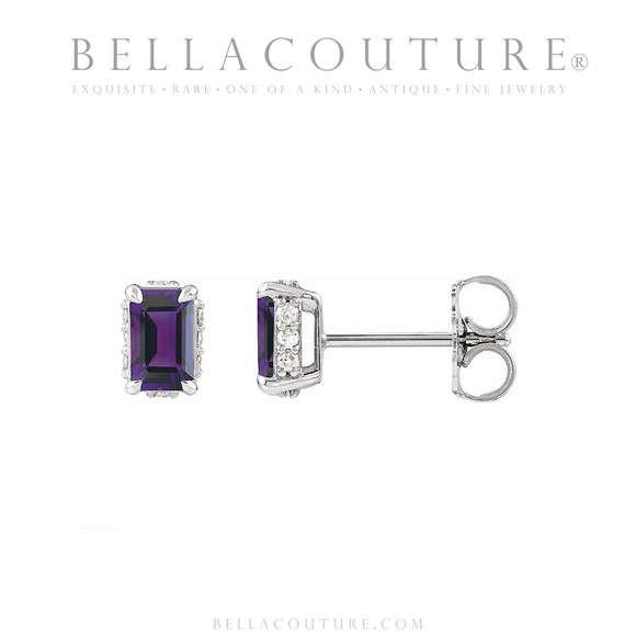 (NEW) BELLA COUTURE® ISABELLA NATURAL DIAMOND AMETHYST 14K WHITE GOLD POST EARRINGS (6.5MM x 4MM)