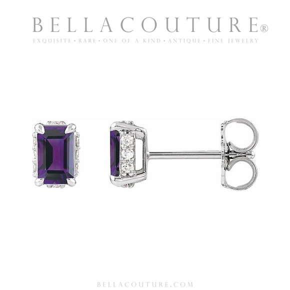 (NEW) BELLA COUTURE® ISABELLA NATURAL DIAMOND AMETHYST 14K WHITE GOLD POST EARRINGS (6.5MM x 4MM)