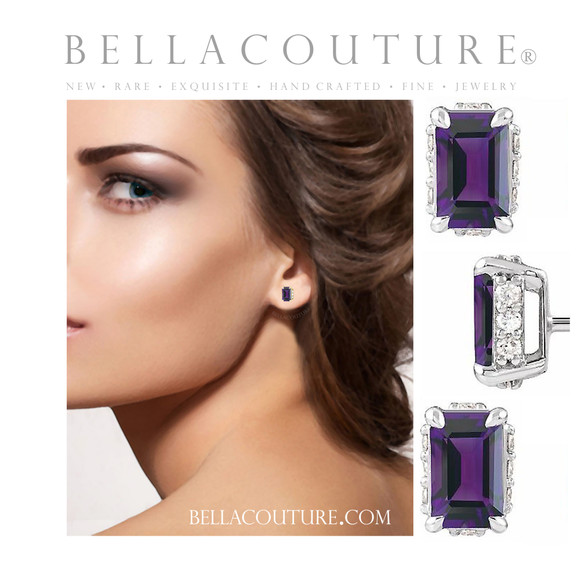 (NEW) BELLA COUTURE® ISABELLA NATURAL DIAMOND AMETHYST 14K WHITE GOLD POST EARRINGS (6.5MM x 4MM)