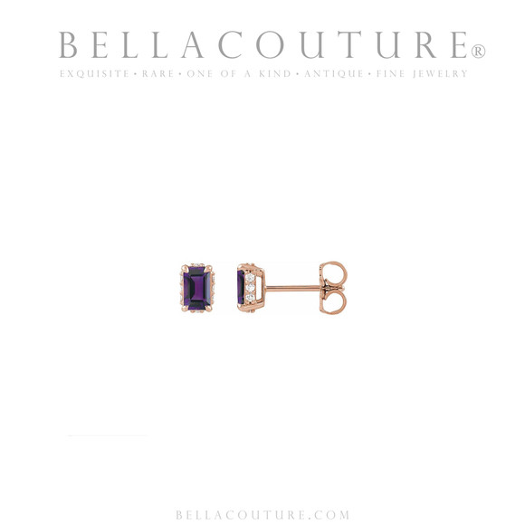 (NEW) BELLA COUTURE® ISABELLA NATURAL DIAMOND AMETHYST 14K ROSE GOLD POST EARRINGS (6.5MM x 4MM)