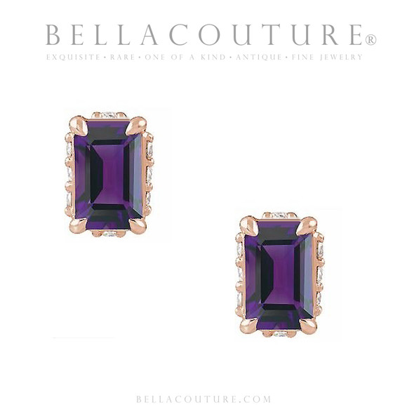 (NEW) BELLA COUTURE® ISABELLA NATURAL DIAMOND AMETHYST 14K ROSE GOLD POST EARRINGS (6.5MM x 4MM)