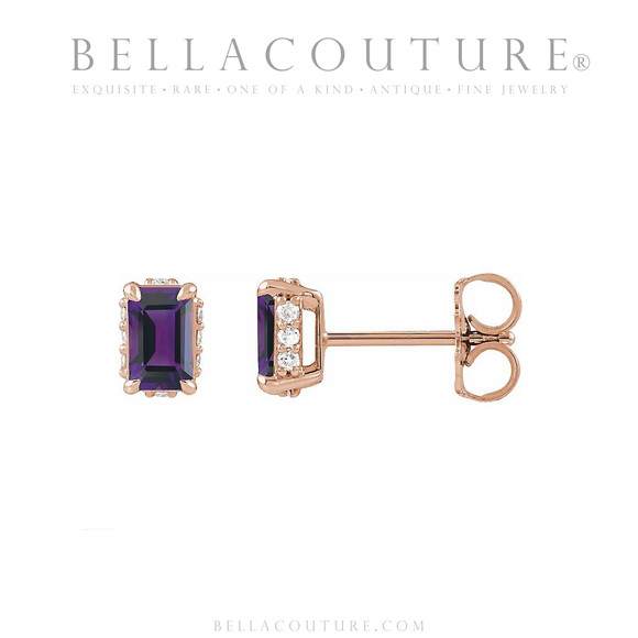(NEW) BELLA COUTURE® ISABELLA NATURAL DIAMOND AMETHYST 14K ROSE GOLD POST EARRINGS (6.5MM x 4MM)