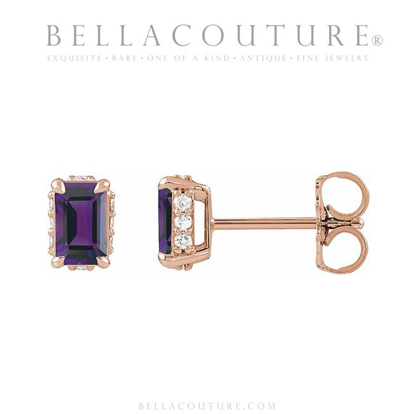 (NEW) BELLA COUTURE® ISABELLA NATURAL DIAMOND AMETHYST 14K ROSE GOLD POST EARRINGS (6.5MM x 4MM)