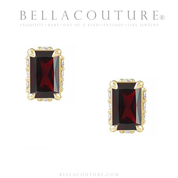 (NEW) BELLA COUTURE® ISABELLA NATURAL DIAMOND GARNET 14K YELLOW GOLD POST EARRINGS (6.5MM x 4MM)
