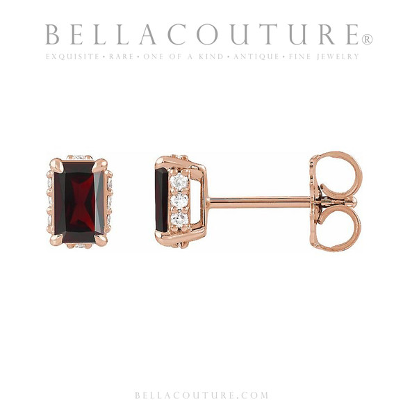 (NEW) BELLA COUTURE® ISABELLA NATURAL DIAMOND GARNET 14K ROSE GOLD POST EARRINGS (6.5MM x 4MM)