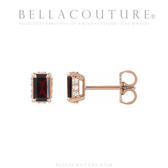 (NEW) BELLA COUTURE® ISABELLA NATURAL DIAMOND GARNET 14K ROSE GOLD POST EARRINGS (6.5MM x 4MM)