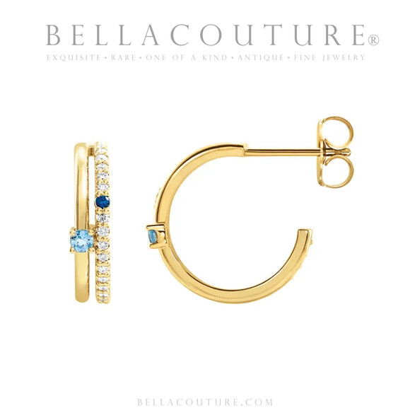 (NEW) BELLA COUTURE® LILLIANNA NATURAL DIAMOND AQUAMARINE SAPPHIRE 14K YELLOW GOLD POST HOOP EARRINGS (16MM)