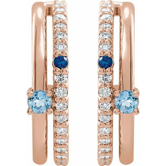 (NEW) BELLA COUTURE® LILLIANNA NATURAL DIAMOND AQUAMARINE SAPPHIRE 14K ROSE GOLD POST HOOP EARRINGS (16MM)