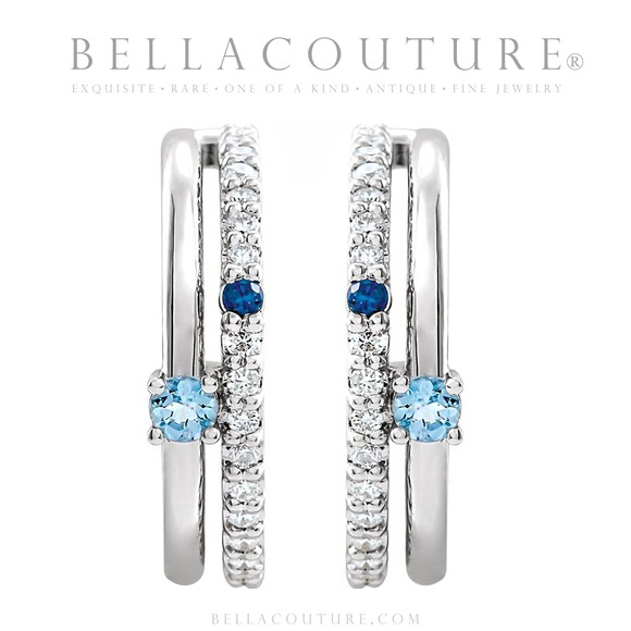 (NEW) BELLA COUTURE® LILLIANNA NATURAL DIAMOND AQUAMARINE SAPPHIRE 14K WHITE GOLD POST HOOP EARRINGS (16MM)