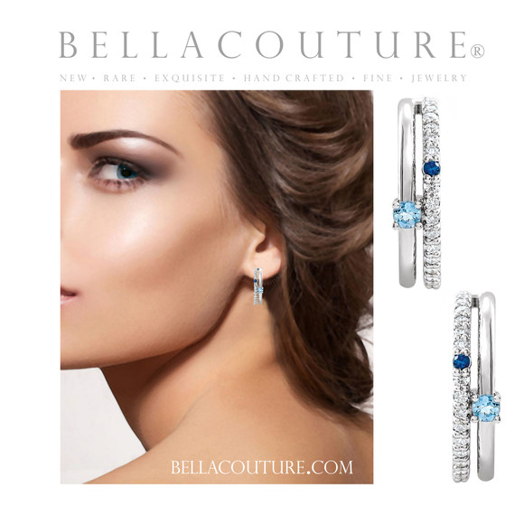 (NEW) BELLA COUTURE® LILLIANNA NATURAL DIAMOND AQUAMARINE SAPPHIRE 14K WHITE GOLD POST HOOP EARRINGS (16MM)