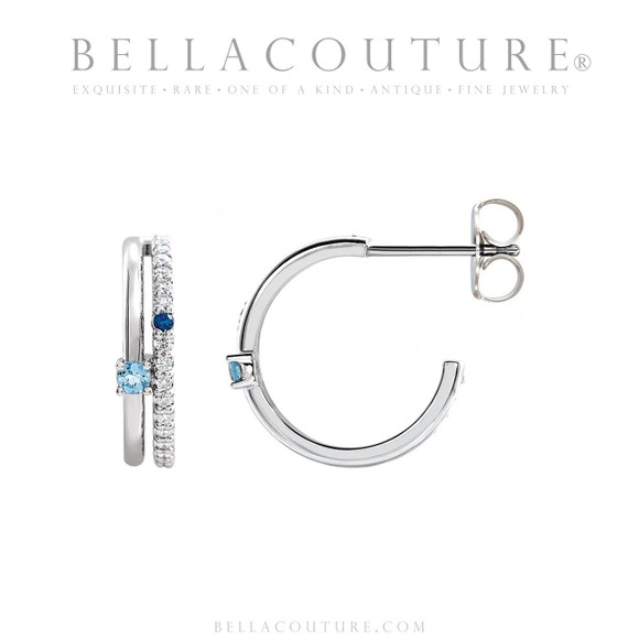 (NEW) BELLA COUTURE® LILLIANNA NATURAL DIAMOND AQUAMARINE SAPPHIRE PLATINUM GOLD POST HOOP EARRINGS (16MM)