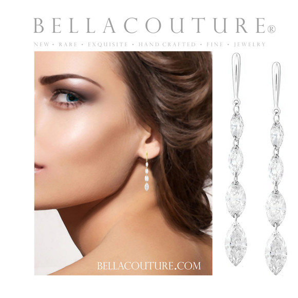 (NEW) BELLA COUTURE® MONROE MARQUISE 1.5 CT DIAMOND 14K WHITE GOLD DANGLE DROP POST EARRINGS (37MM x 3.5MM)