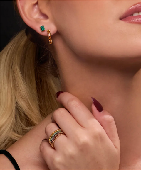 (NEW) BELLA COUTURE® GABRIELLE NATURAL BLUE ZIRCON 14K YELLOW GOLD POST HOOP EARRINGS (6.5MM x 4MM)