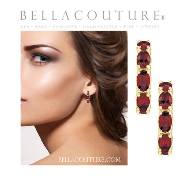 (NEW) BELLA COUTURE® GABRIELLE RUBY 14K YELLOW GOLD POST HOOP EARRINGS (6.5MM x 4MM)