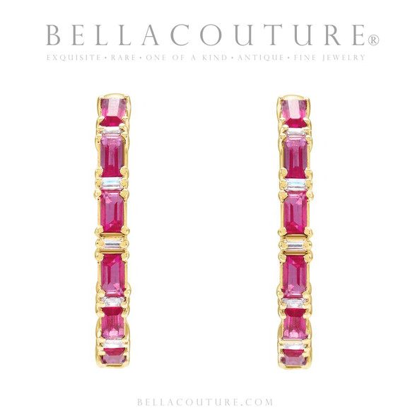 (NEW) BELLA COUTURE® DE' CHANEL NATURAL DIAMOND 1 & 1/4 CT RUBY BAGUETTE 14K YELLOW GOLD POST HOOP HUGGIE EARRINGS (22MM)