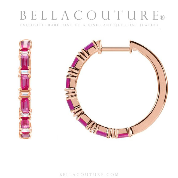 (NEW) BELLA COUTURE® DE' CHANEL NATURAL DIAMOND 1 & 1/4 CT RUBY BAGUETTE 14K ROSE GOLD POST HOOP HUGGIE EARRINGS (22MM)