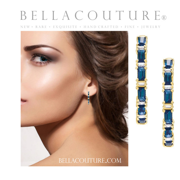 (NEW) BELLA COUTURE® DE' CHANEL NATURAL DIAMOND 1 & 1/4 CT BLUE SAPPHIRE BAGUETTE 14K YELLOW GOLD POST HOOP HUGGIE EARRINGS (22MM)