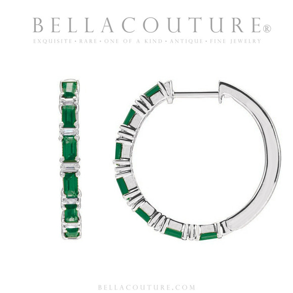 (NEW) BELLA COUTURE® DE' CHANEL NATURAL DIAMOND 1 & 1/4 CT EMERALD BAGUETTE 14K WHITE GOLD POST HOOP HUGGIE EARRINGS (22MM)