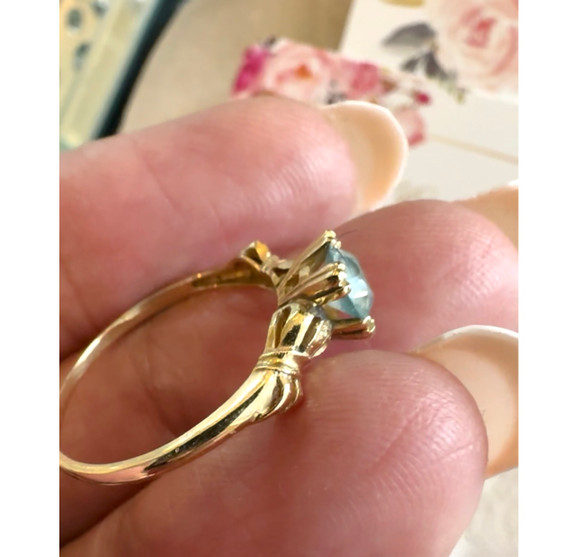 SALE PENDING - (ANTIQUE) Rare Gorgeous Petite Bow Bows & Ribbon Aquamarine Paste Victorian 14K 14CT 585 Yellow Gold Ring Band c. 1800's