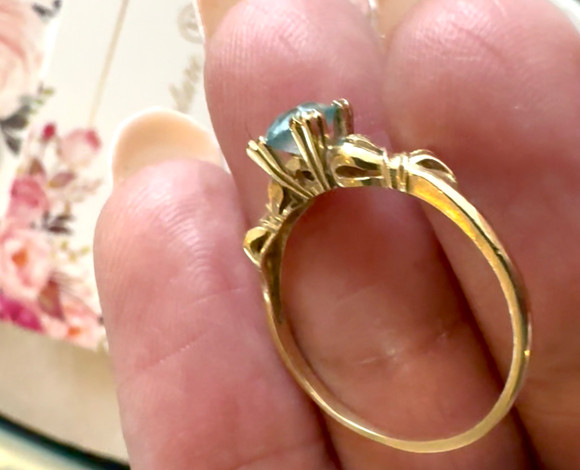 SALE PENDING - (ANTIQUE) Rare Gorgeous Petite Bow Bows & Ribbon Aquamarine Paste Victorian 14K 14CT 585 Yellow Gold Ring Band c. 1800's