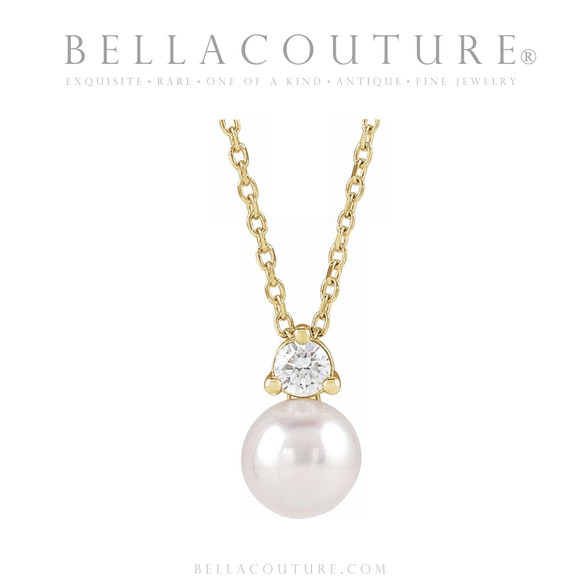 (NEW) BELLA COUTURE® MADISON NATURAL DIAMOND 1/7 CT CULTURED WHITE FRESHWATER PEARL 14K YELLOW GOLD PENDANT NECKLACE (18"-16" Adjustable)
