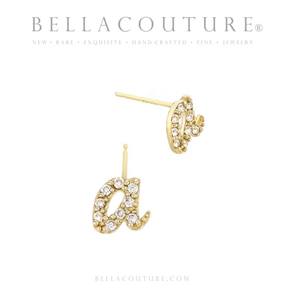 (NEW) BELLA COUTURE ® PALTROW Petite Initial Letter (a) Diamond 14K Yellow Gold Lowercase Italic Cursive Large Alphabet Stud Earring (1PC) (6MM)