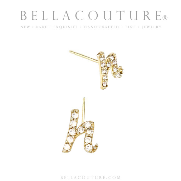(NEW) BELLA COUTURE ® PALTROW Petite Initial Letter (h) Diamond 14K Yellow Gold Lowercase Italic Cursive Large Alphabet Stud Earring (1PC) (8.2MM)