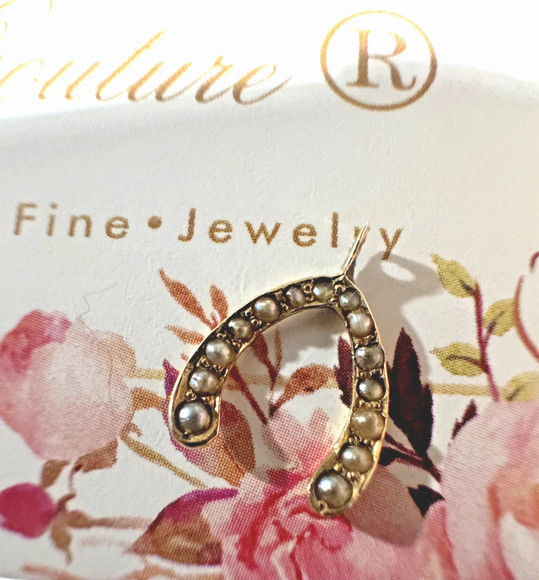 SOLD! - (ANTIQUE) Rare Gorgeous Petite Wishbone Pave Natural Seed Pearl Victorian 14K 14CT 585 Yellow Gold Pendant Charm c. 1800's