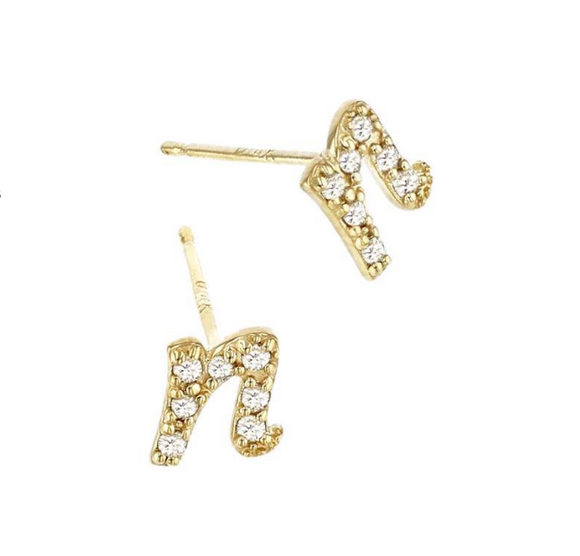 (NEW) BELLA COUTURE ® PALTROW Petite & Dainty Initial Letter (n) Diamond 14K Yellow Gold Lowercase Italic Cursive Large Alphabet Stud Earring (1PC) (6MM)
