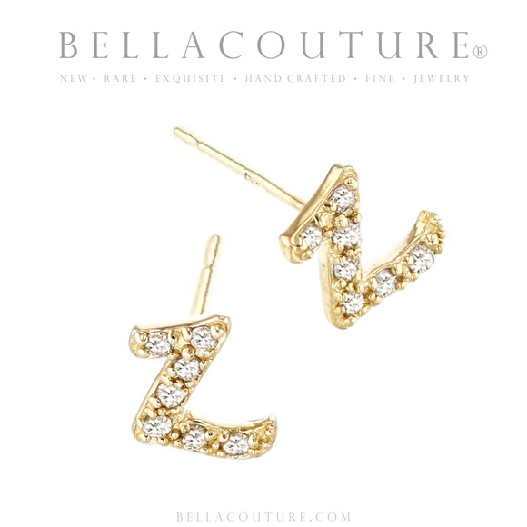 (NEW) BELLA COUTURE ® PALTROW Petite & Dainty Initial Letter (z) Diamond 14K Yellow Gold Lowercase Italic Cursive Large Alphabet Stud Earring (1PC) (7MM)