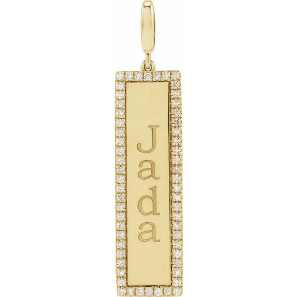 (NEW) BELLA COUTURE® BRIELL 14K Yellow Gold Engravable 1/3 CTW Natural Diamond Rectangle Tag Charm Pendant (14 Letter Limit) (Personalize & Engravable)