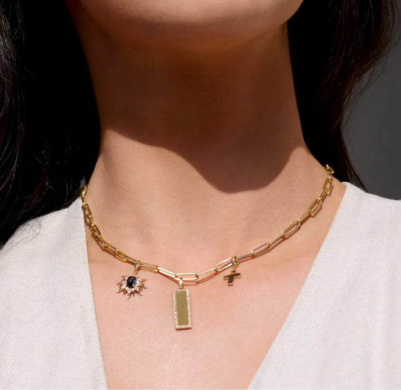 (NEW) BELLA COUTURE® BRIELL 14K Yellow Gold Engravable 1/3 CTW Natural Diamond Rectangle Tag Charm Pendant (14 Letter Limit) (Personalize & Engravable)