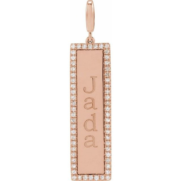 (NEW) BELLA COUTURE® BRIELL 14K Rose Gold Engravable 1/3 CTW Natural Diamond Rectangle Tag Charm Pendant (14 Letter Limit) (Personalize & Engravable)