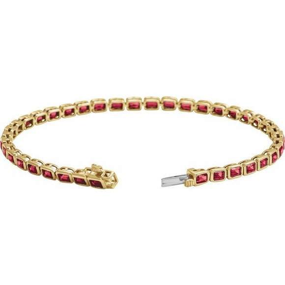 (NEW) BELLA COUTURE® ASHLEY 5CT RUBY BAGUETTE 14K YELLOW GOLD LINE TENNIS BRACELET (7")