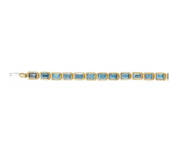 (NEW) BELLA COUTURE® ASHLEY 5CT SKY BLUE TOPAZ BAGUETTE 14K YELLOW GOLD LINE TENNIS BRACELET (7")