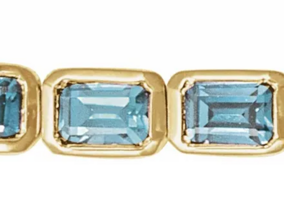 (NEW) BELLA COUTURE® ASHLEY 5CT SKY BLUE TOPAZ BAGUETTE 14K YELLOW GOLD LINE TENNIS BRACELET (7")