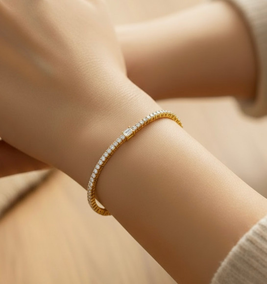 (NEW) BELLA COUTURE® LeDIOR NOIR 3.25CT BAGUETTE DIAMOND 14K YELLOW GOLD LINE TENNIS LINK CHAIN BRACELET (7")