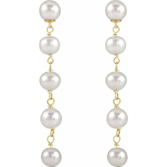 (NEW) BELLA COUTURE® VIVI ANNA WHITE CULTURED FRESHWATER PEARL 14K YELLOW GOLD DANGLE DROP POST CHANDELIER EARRINGS (5-6MM)