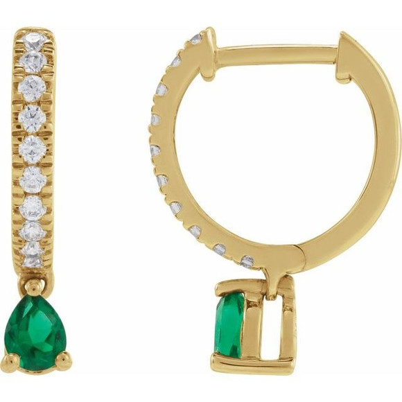 (NEW) BELLA COUTURE® CATHERINE Teardrop Natural Emerald 1/4 CT Diamond 14K Yellow Gold Huggie Hoop Dangle Drop Earrings