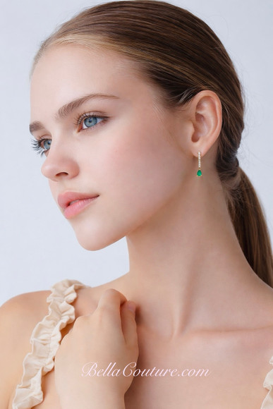 (NEW) BELLA COUTURE® CATHERINE Teardrop Natural Emerald 1/4 CT Diamond 14K Yellow Gold Huggie Hoop Dangle Drop Earrings